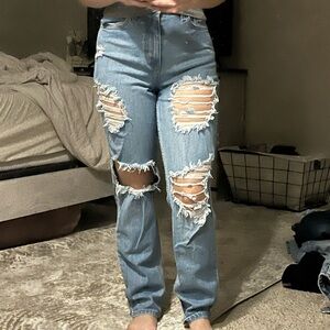 Stylish Distressed Blue Women's Straight Leg Jeans